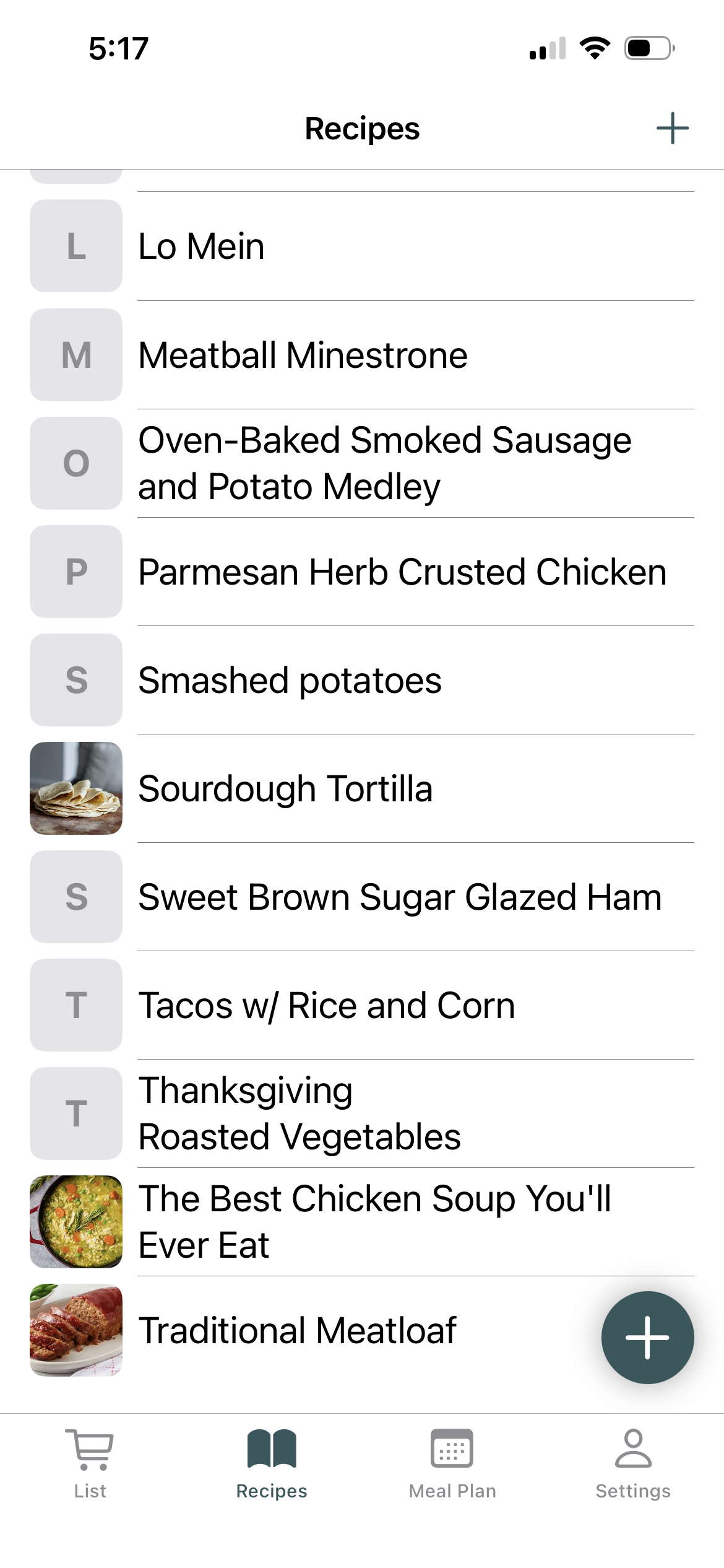 Shoplan saved recipes screen